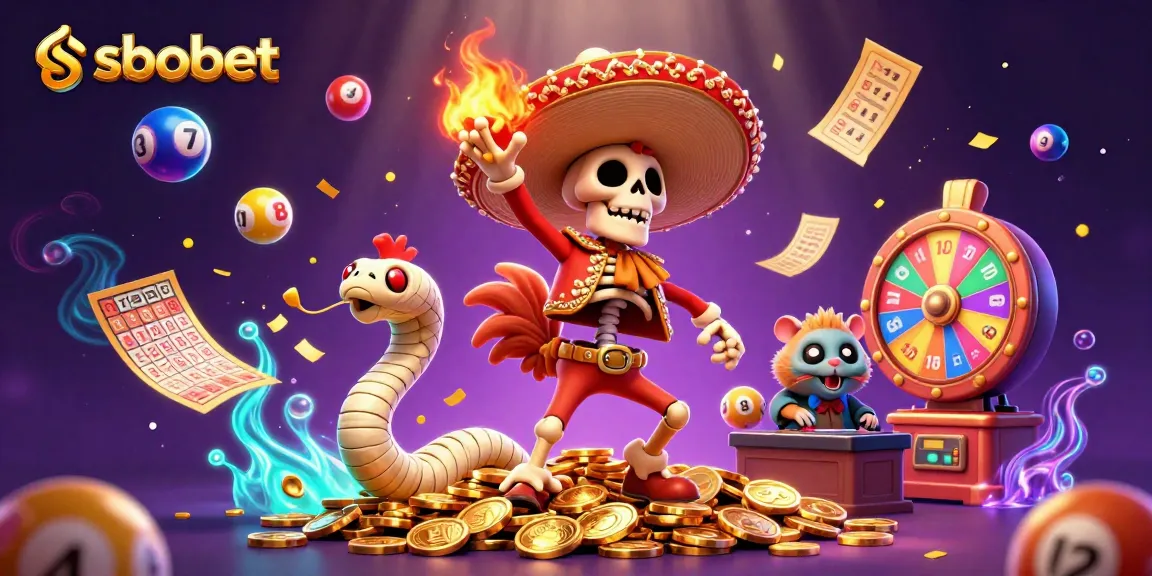 Experience sbobet thrills with a vibrant scene of a mariachi rooster celebrating among colorful games.