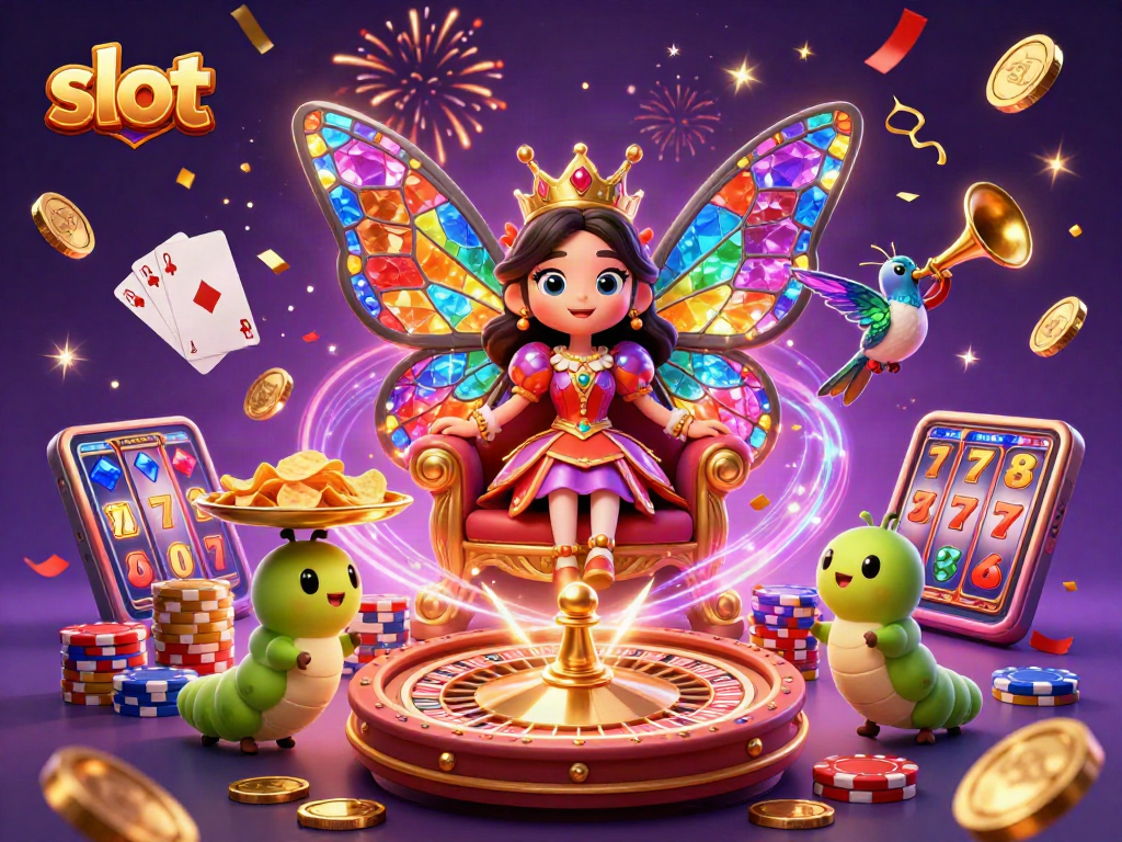Experience thrilling slot gameplay with a magical butterfly queen in this vibrant casino scene.