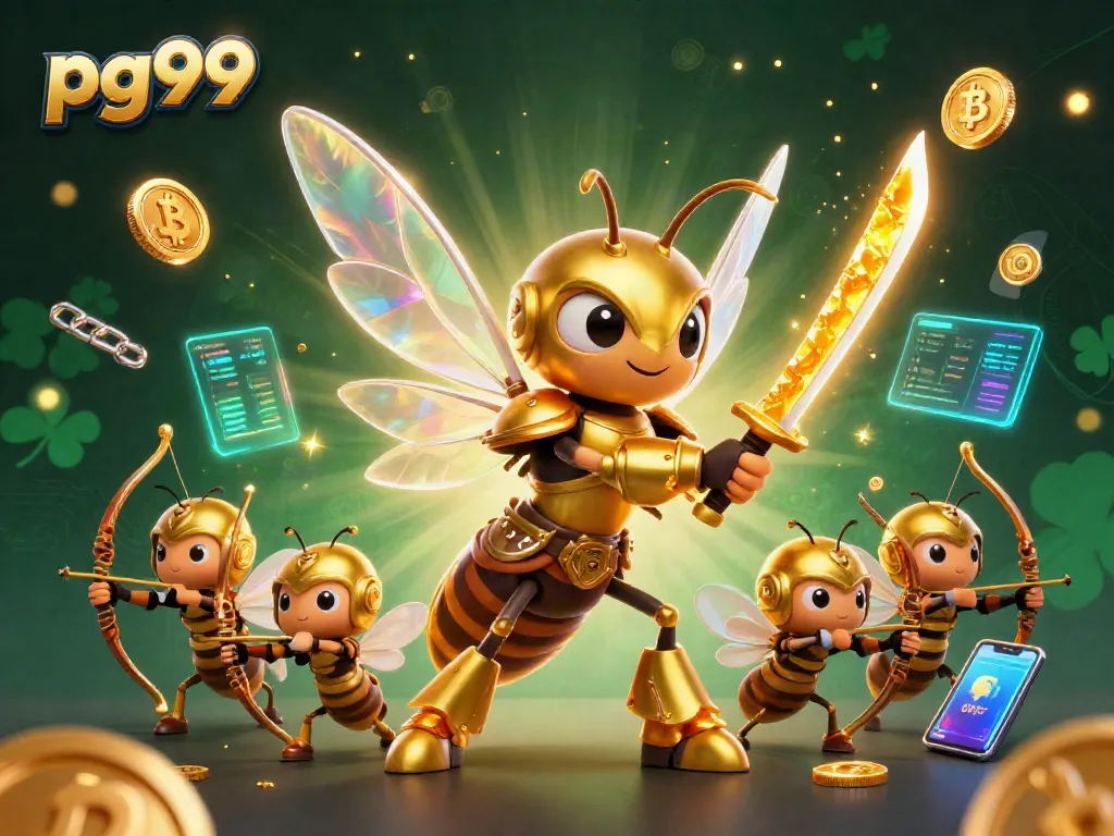 Win big with pg99 in an exhilarating gaming scene featuring buzzing characters and glowing crypto elements.