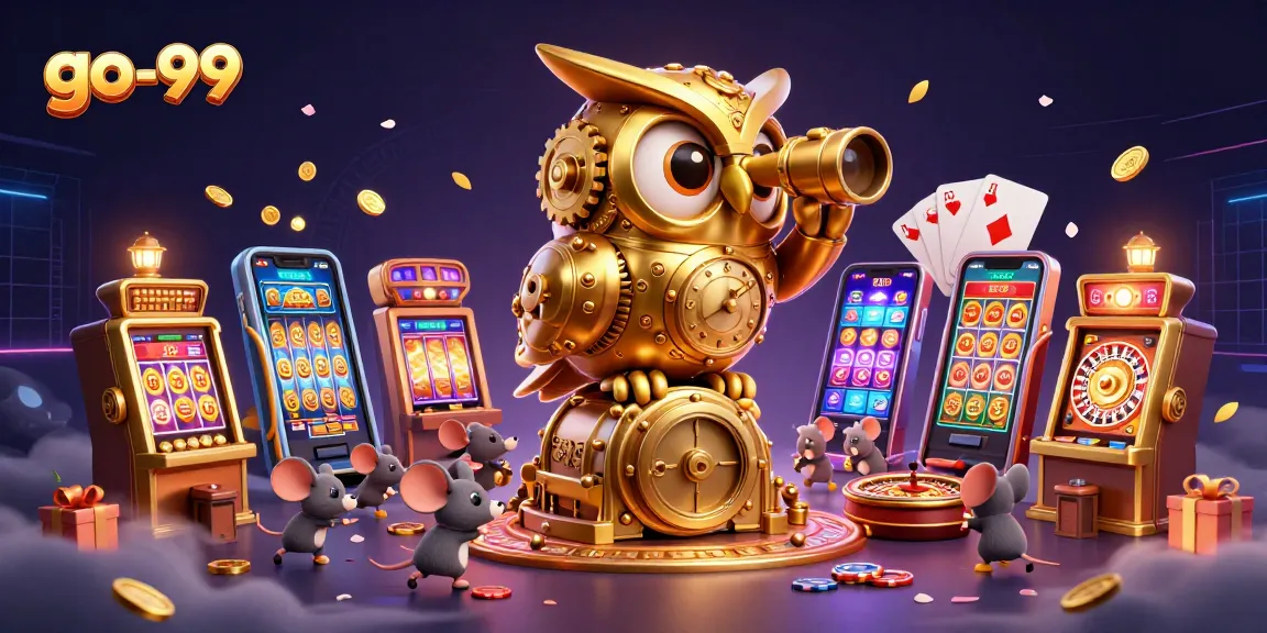 Engage with go-99's vibrant casino scene with an owl and charming mice amidst slots and poker.