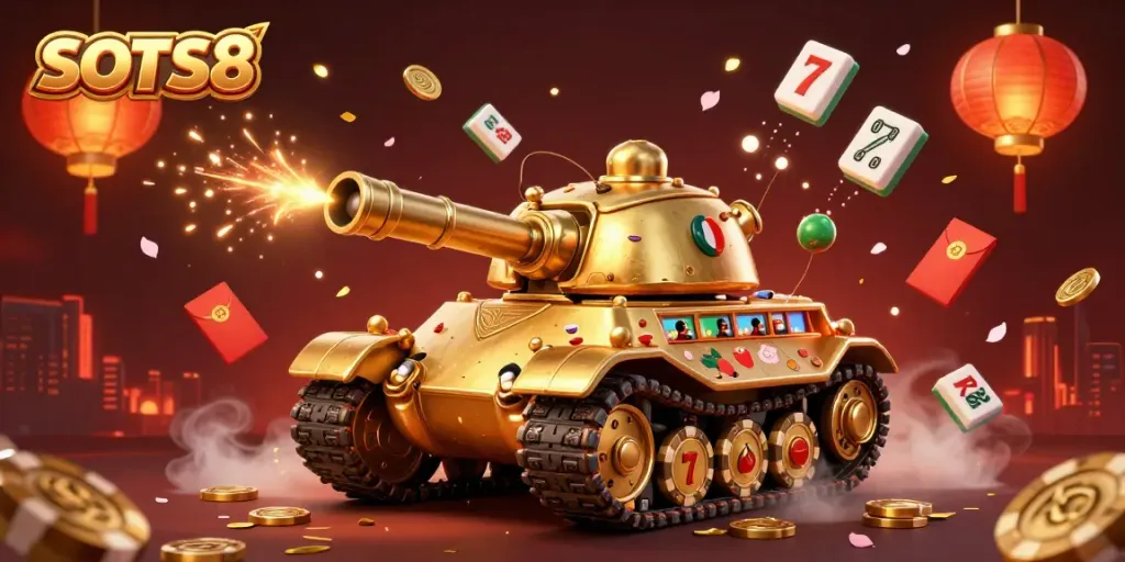 SLOTS8 themed 3D illustration of a golden beetle tank with a mini casino and festive elements.