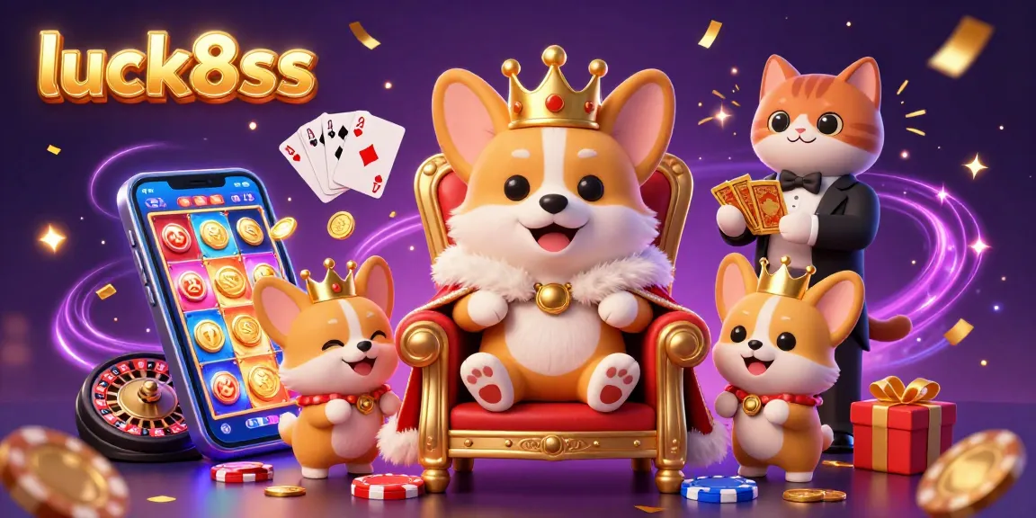 Spin colorful slots and celebrate winning with luck8ss featuring a royal corgi and vibrant casino elements.