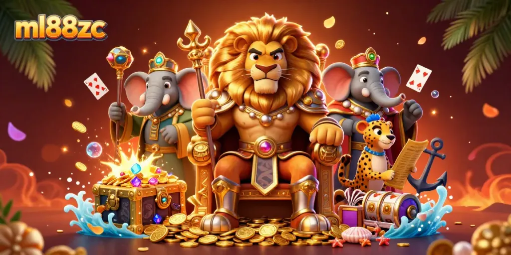 Join the action at ml88zc with a fierce lion king and energetic casino elements in a vibrant scene.