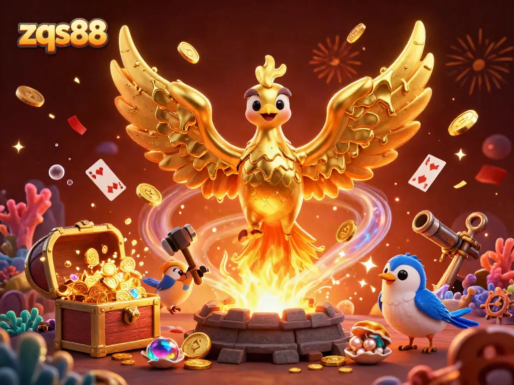 Engage in thrilling gaming with zqs88 as a golden phoenix leads a vibrant casino scene filled with treasures and excitement.