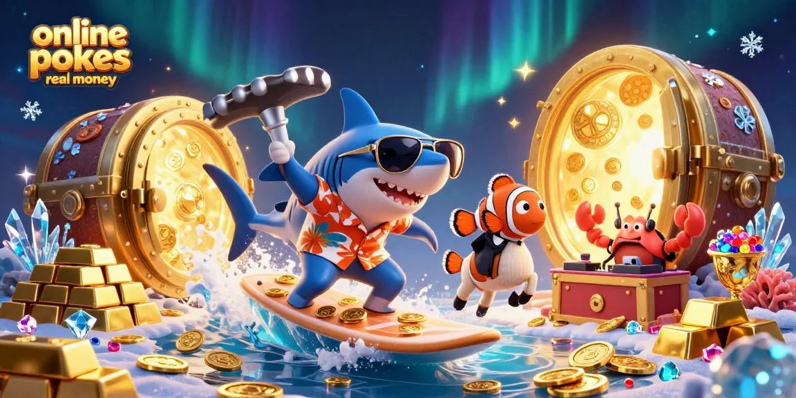 Surf on gold coins with the hammer-head shark and clownfish at online pokies real money casino.