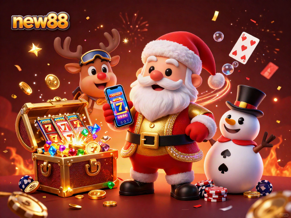 Experience slots excitement with new88, featuring a festive scene with casino characters and treasure.