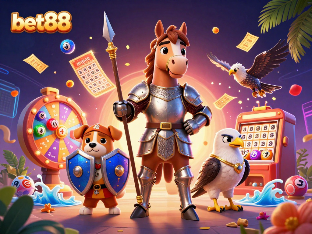 Experience the excitement at bet88 with winning lottery balls and knights in action.