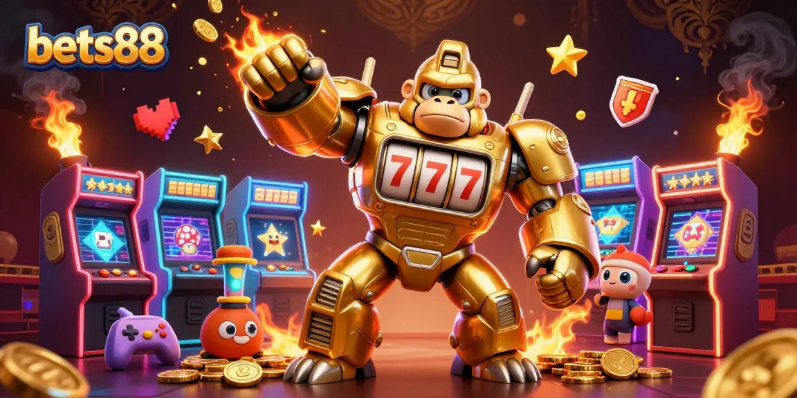 Bets88 reveals a vivid 3D scene with a golden gorilla mech, exciting slot machine elements, defining an engaging gaming experience.
