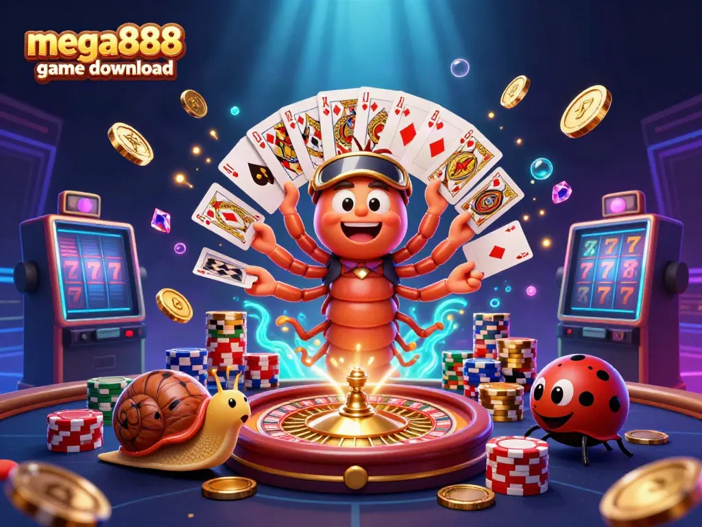 Play mega888 game download with vibrant characters and exciting casino elements in a festive 3D scene.