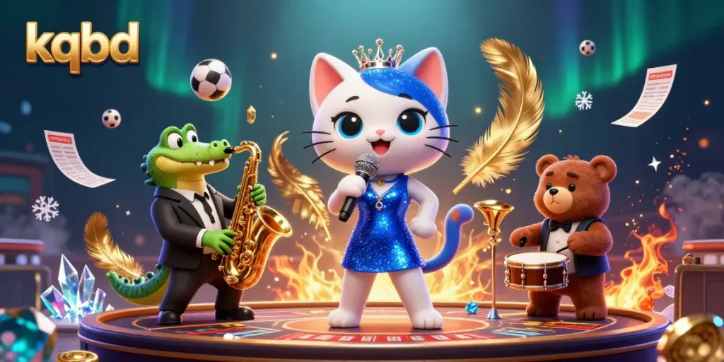 Engaging kqbd sports betting scene with a singing cat, saxophone crocodile, and drum bear in a dynamic atmosphere.
