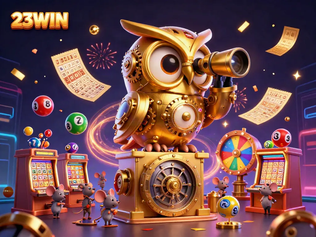 Join the excitement at 23WIN with vibrant gambling elements and characters on a lively casino floor.