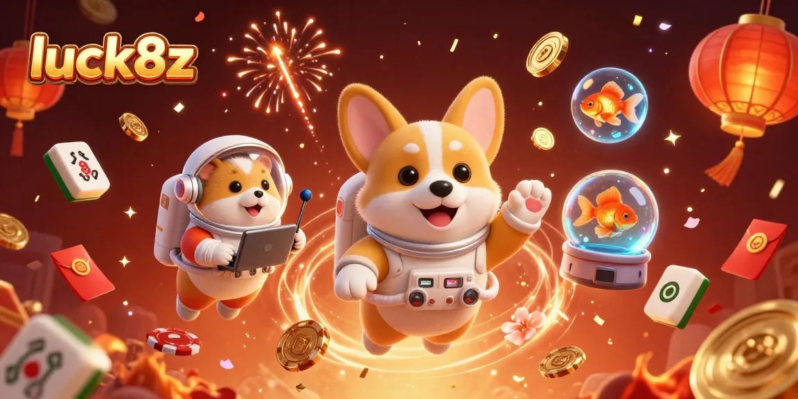 Experience luck8z in a vibrant casino world as the corgi astronaut wins big with fireworks and coins!