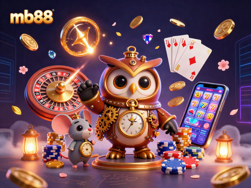 Experience the thrill of mb88 with animated casino elements and a time-traveling owl adventure.