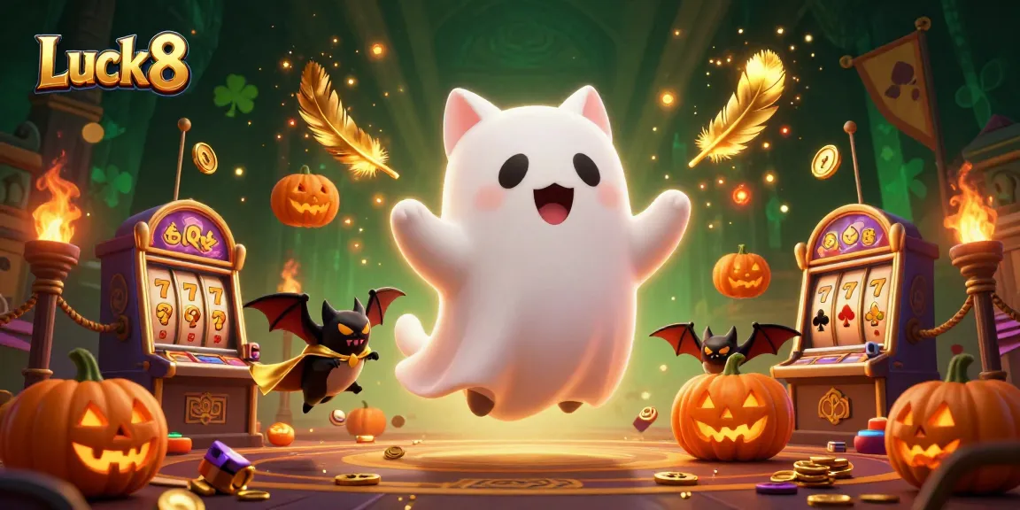 Luck8 brings excitement as a friendly ghost cat and vampire bat explore a haunted casino filled with glowing slot machines.