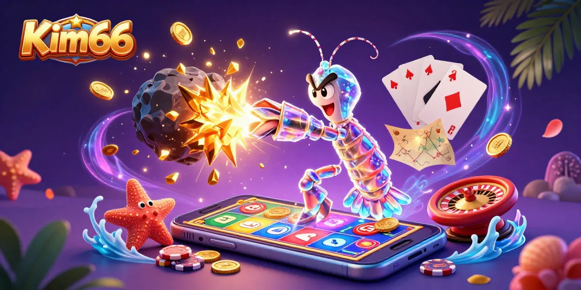 Experience thrilling gameplay with Kim66 as a galactic samurai mantis shrimp unleashes coins and gems in an exciting casino scene.