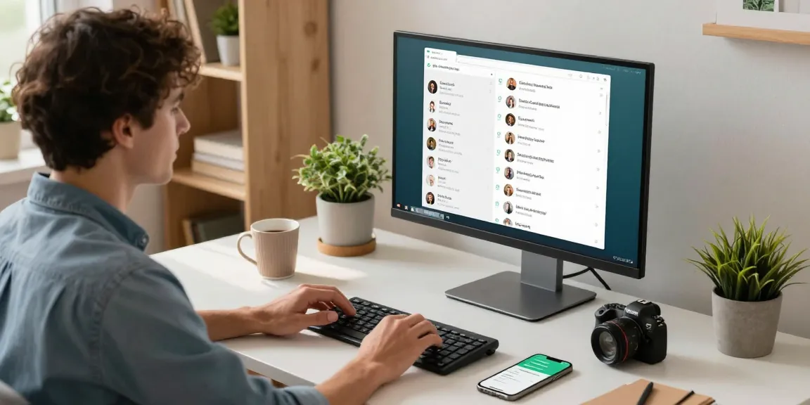 Professional using WhatsApp網頁版 on a modern desk with organized workspace elements.