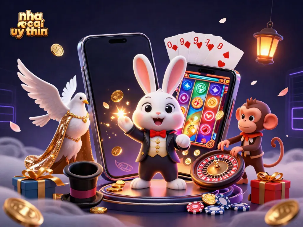 Unleash your luck at nha cai uy tin with a magician rabbit and gold coins in a vibrant casino scene.