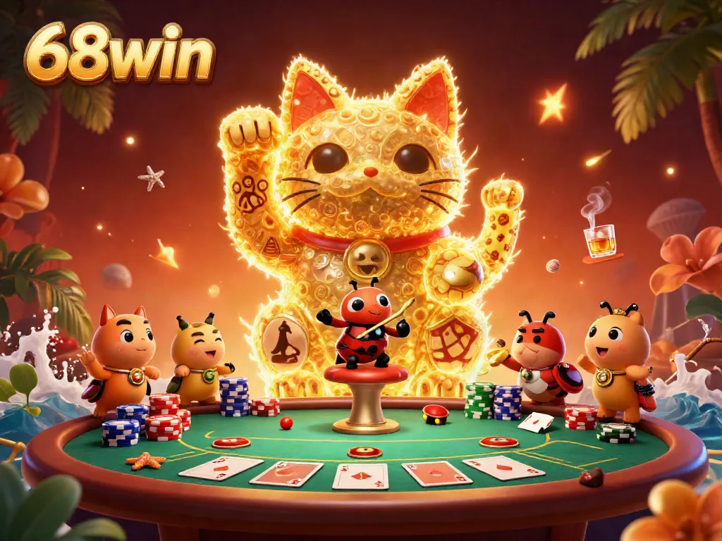 Experience the excitement of 68win with a dynamic lucky cat and vibrant casino elements!