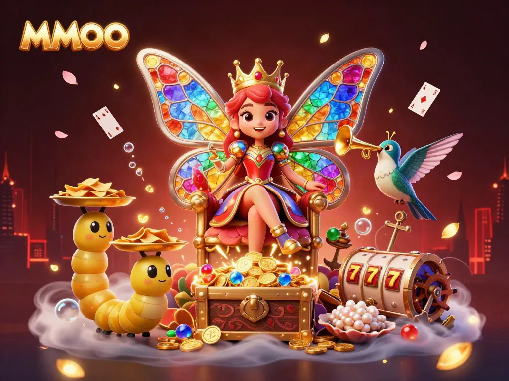 Engaging MMOO illustration depicting the butterfly queen presiding over vibrant slot game elements and treasures.