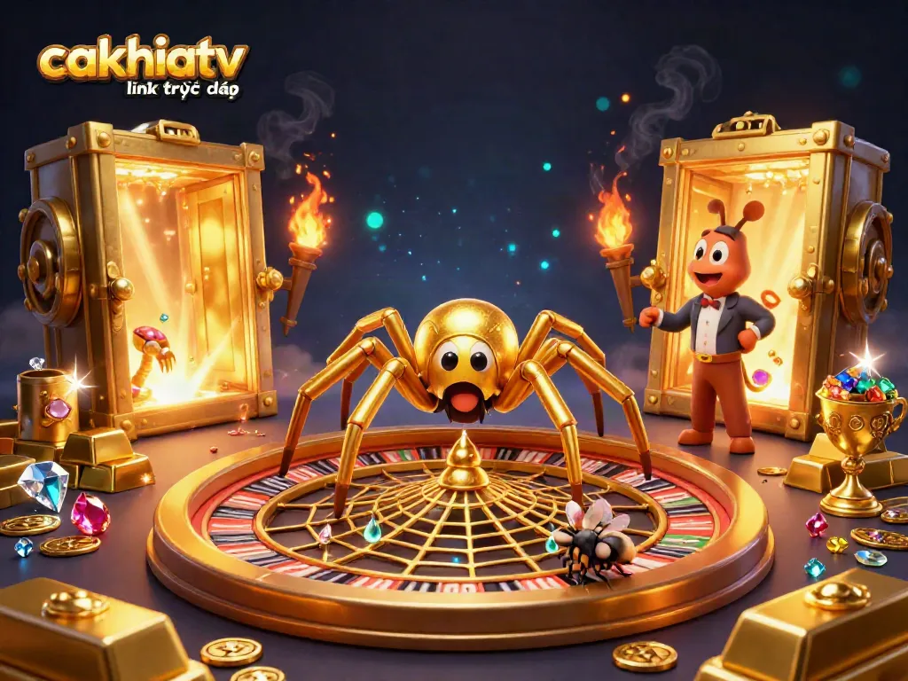Experience the thrill of cakhiatv link trực tiếp with a golden spider spinning a roulette wheel, capturing the excitement of gambling.