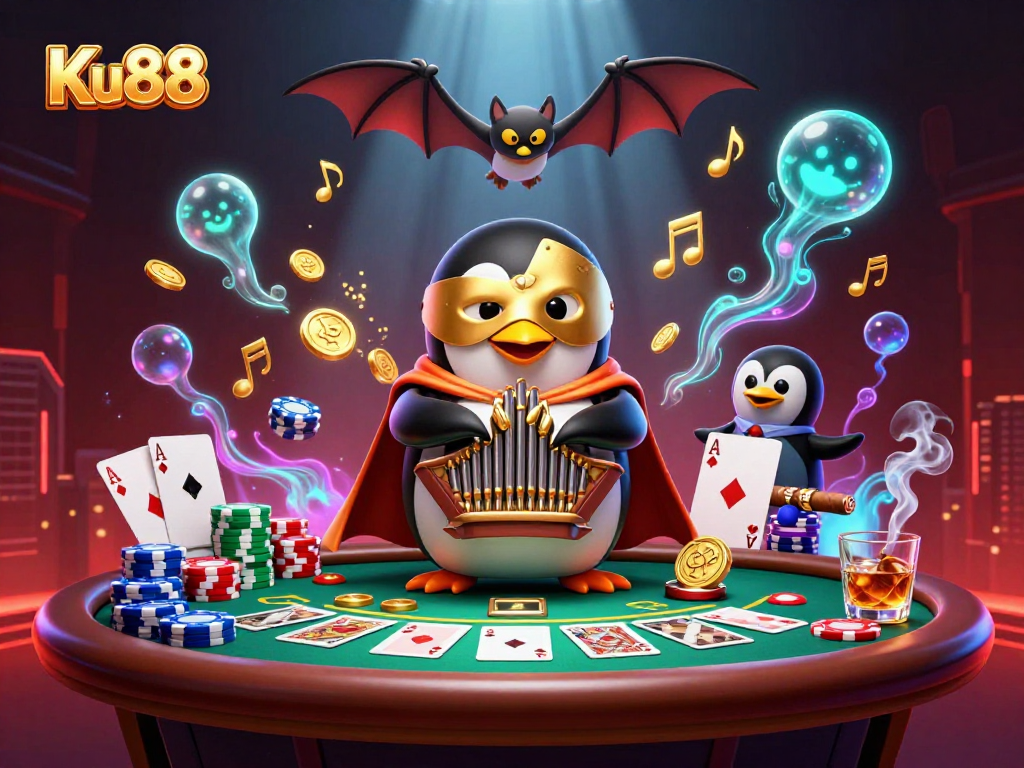 Engage in thrilling gameplay with Ku88 featuring a cartoon penguin playing in a vibrant casino scene.