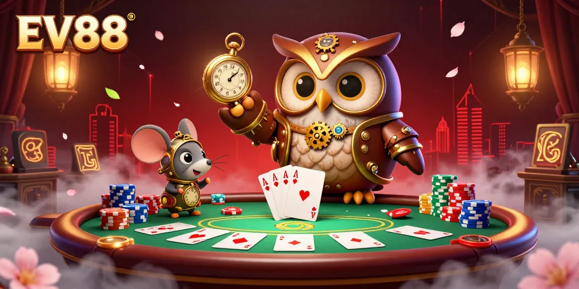 Experience the thrilling world of EV88 with vibrant poker action, featuring cartoon characters in a dynamic casino scene.