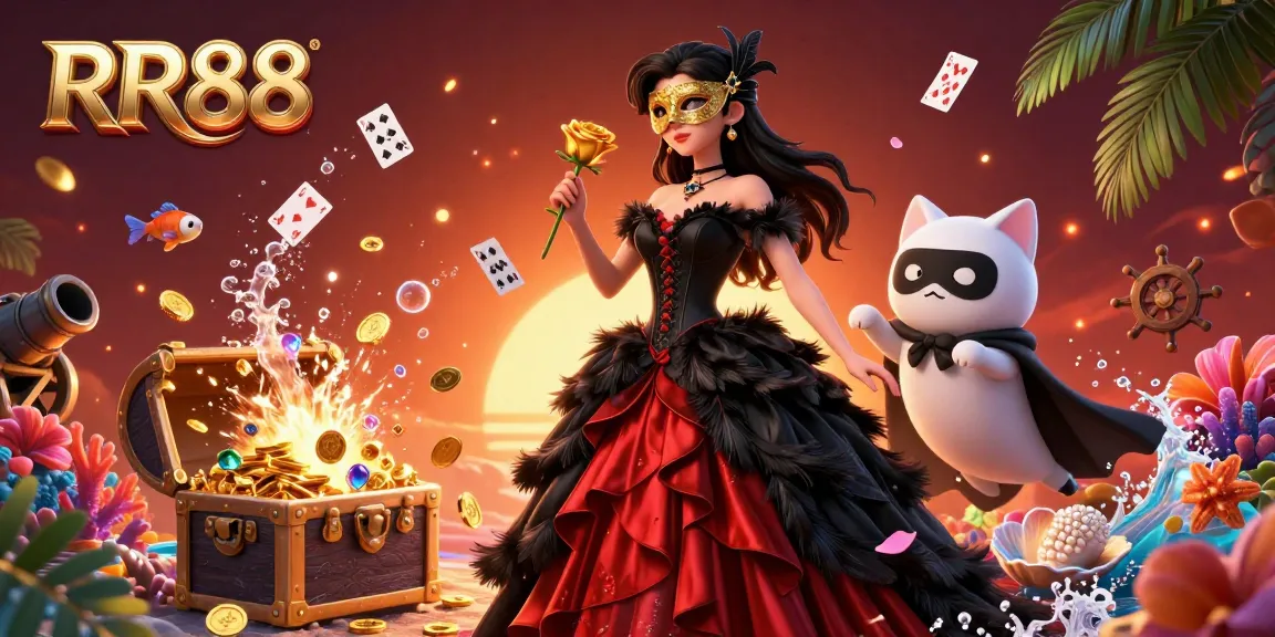 Experience the excitement at RR88 with stunning visuals of a majestic casino-themed scene filled with treasures and vibrant characters.