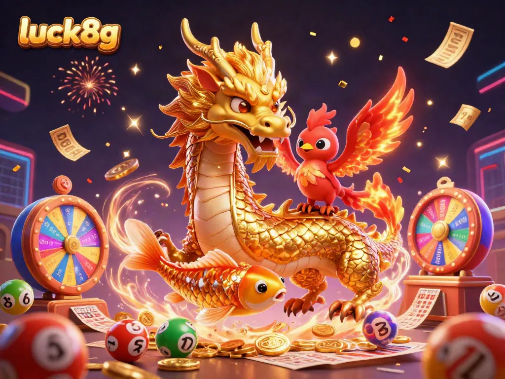Experience the excitement with luck8g as a golden dragon and phoenix soar over a shower of coins and lottery elements.