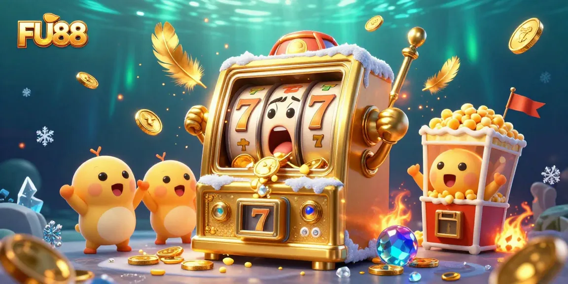 Enjoy thrilling gameplay at FU88 with a vibrant 3D illustration showcasing a golden slot machine hitting a jackpot.