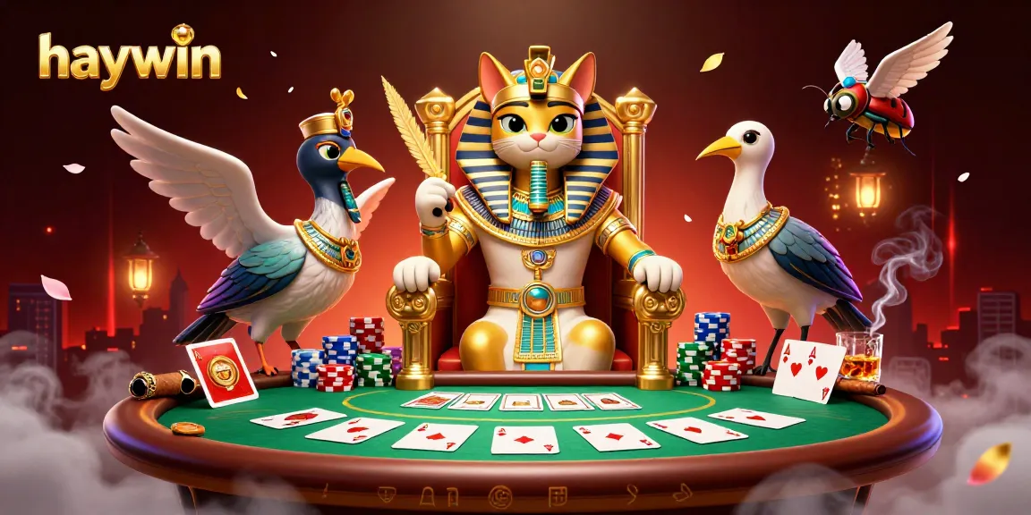 Experience thrilling gaming at haywin with a pharaoh cat amidst poker chips and dynamic casino elements.