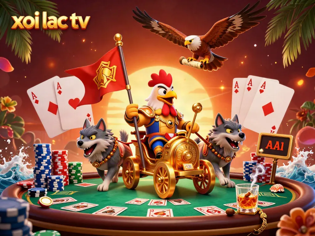 Xoi lac tv offers an exciting scene with a rooster warlord in a gold chariot and poker elements.