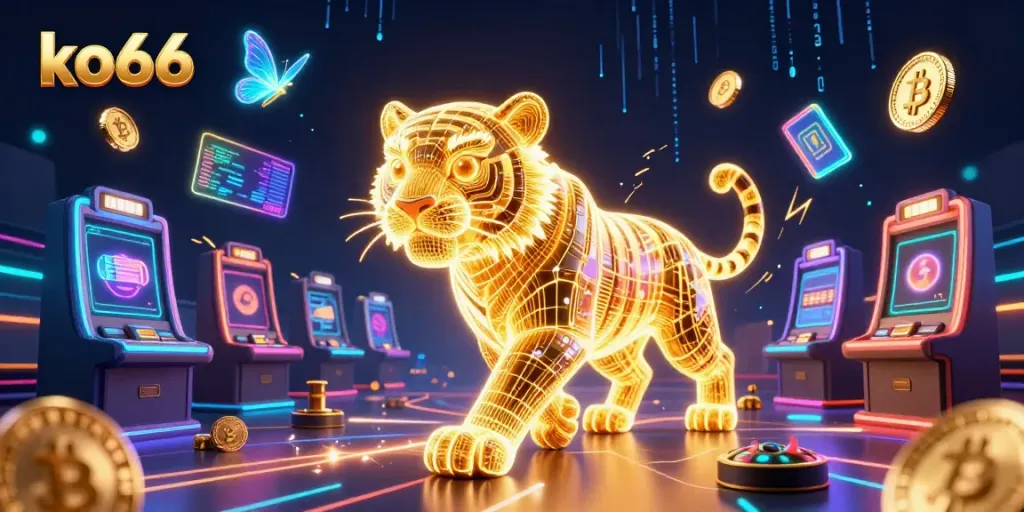 Experience the thrilling energy of ko66 with a neon tiger in a digital casino landscape.