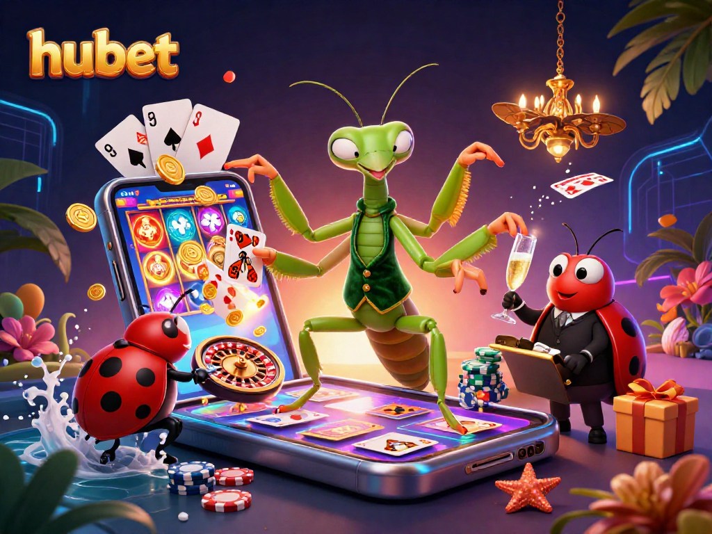 hubet showcases an exciting casino scene with a giant praying mantis card sharp and vibrant game elements