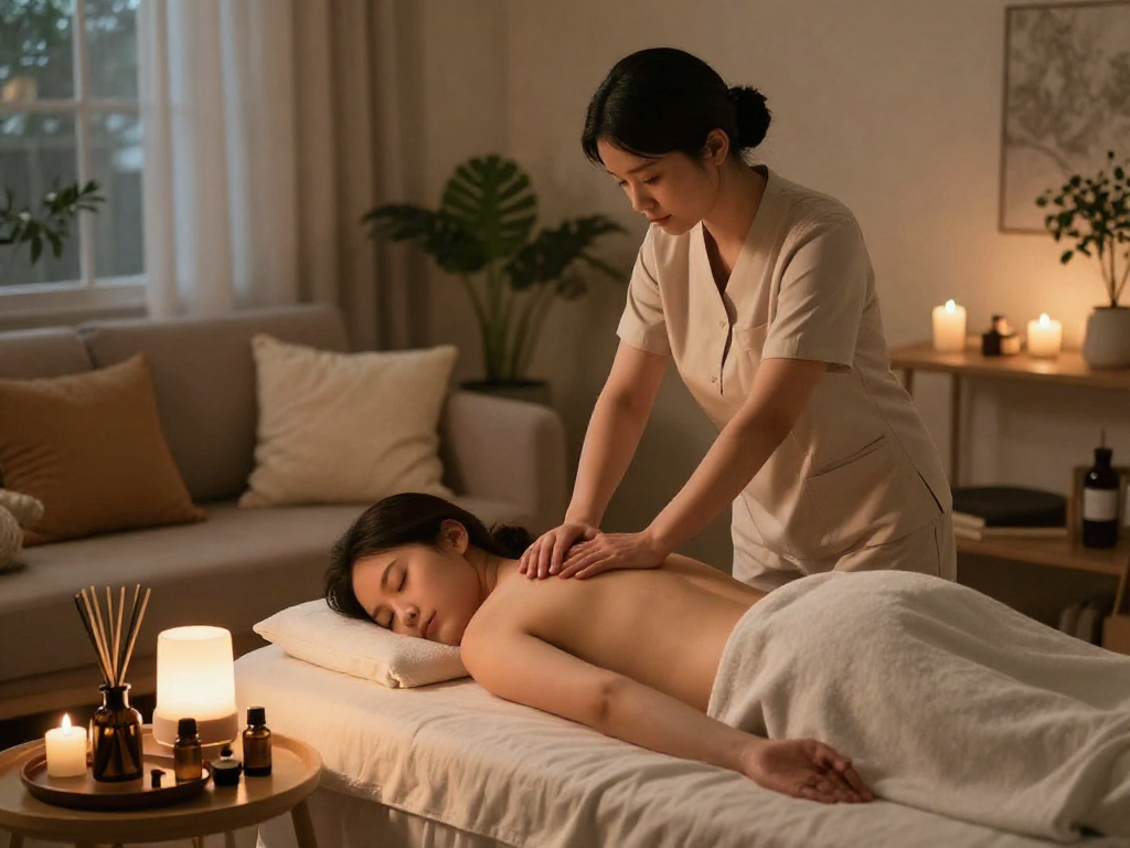 A calm home setting featuring a client enjoying 출장안마 with a professional therapist, surrounded by candles and essential oils.
