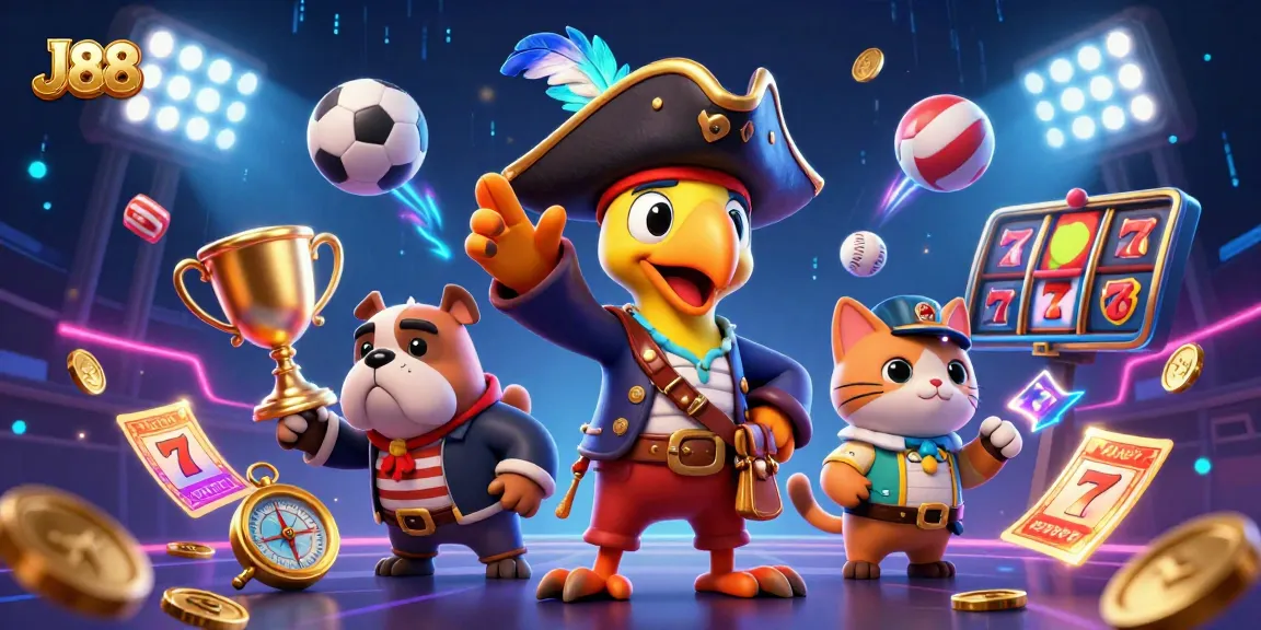 Engage with J88's fun-filled casino world featuring a pirate captain, bulldog, and cat amidst vibrant gaming elements.