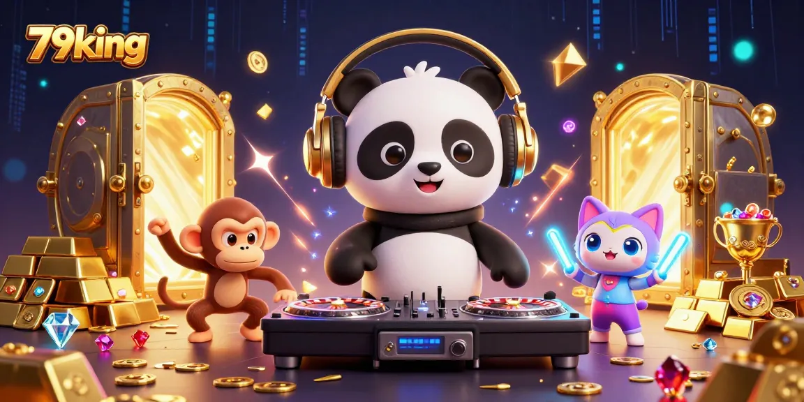 79king features a vibrant 3D DJ panda and dancing characters celebrating casino riches.