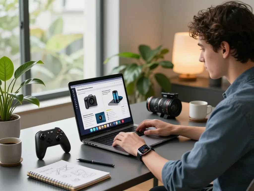 Person engaging with trending tech gadgets in a modern workspace.