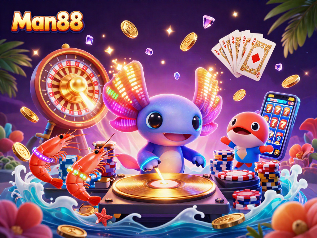 Engage with Man88’s vibrant casino atmosphere featuring colorful 3D characters and sparkling game elements.
