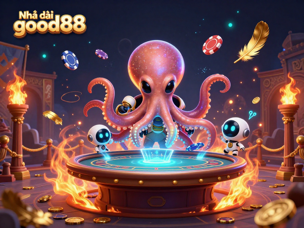 Immerse in the vibrant world of Nhà cái good88 with a 3D alien octopus operating a holographic poker table.