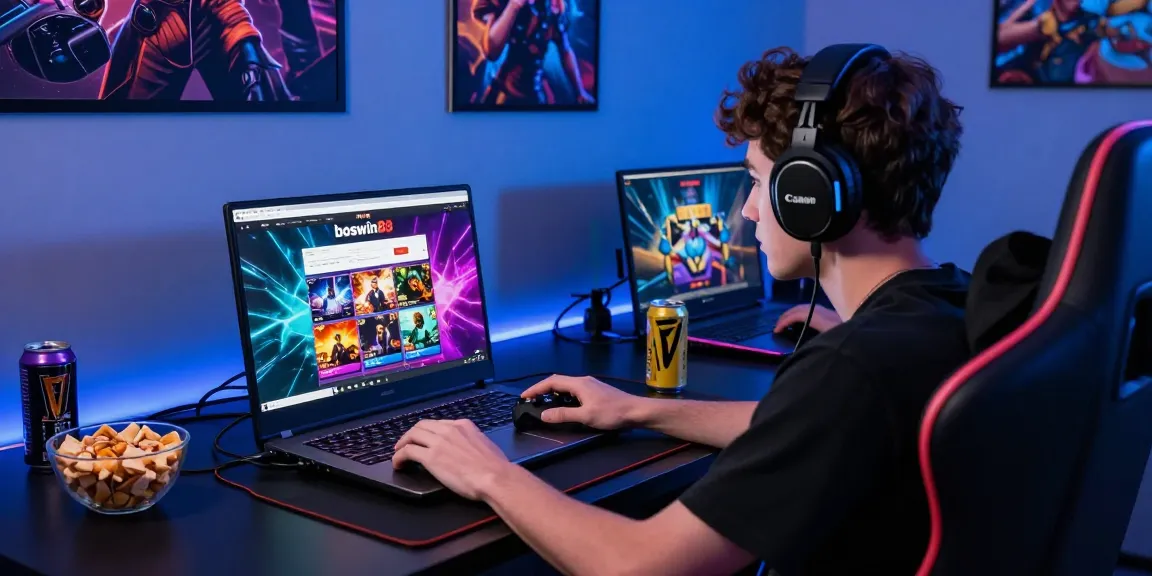 Melihat pengguna boswin88 login di depan komputer dengan suasana gaming yang dinamis.