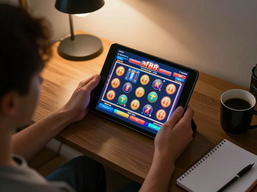 Player enjoying af88 slot games on a tablet in a cozy home setting, showcasing engaging online gambling.