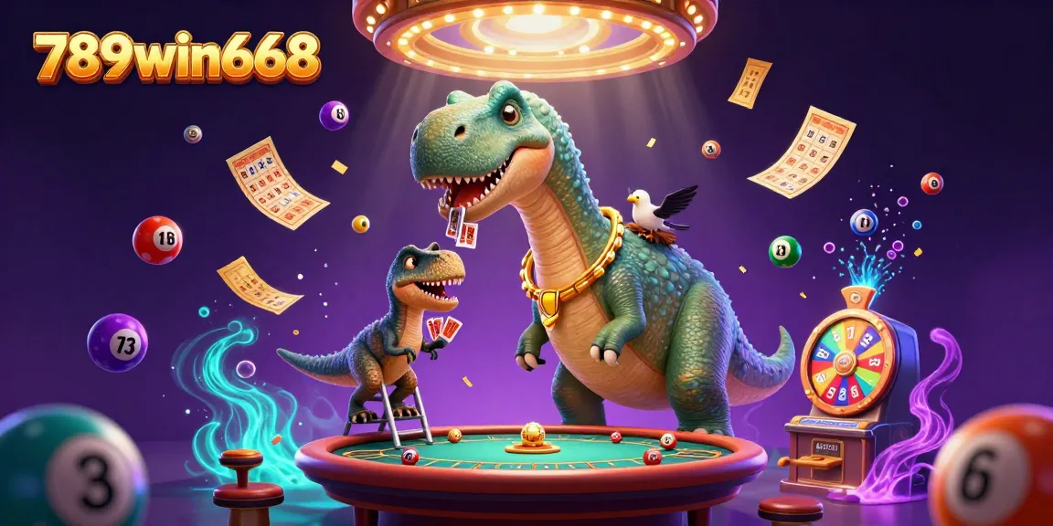 Engage with the thrilling universe of 789win668 as a towering brontosaurus peeks over a vibrant casino scene.