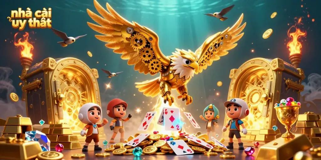Experience the thrill of nhà cái uy tín in this vibrant 3D scene featuring golden treasures and holographic cards.