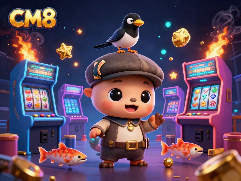 Engage with CM8 gaming through a vibrant 3D cartoon illustration featuring exciting casino elements.