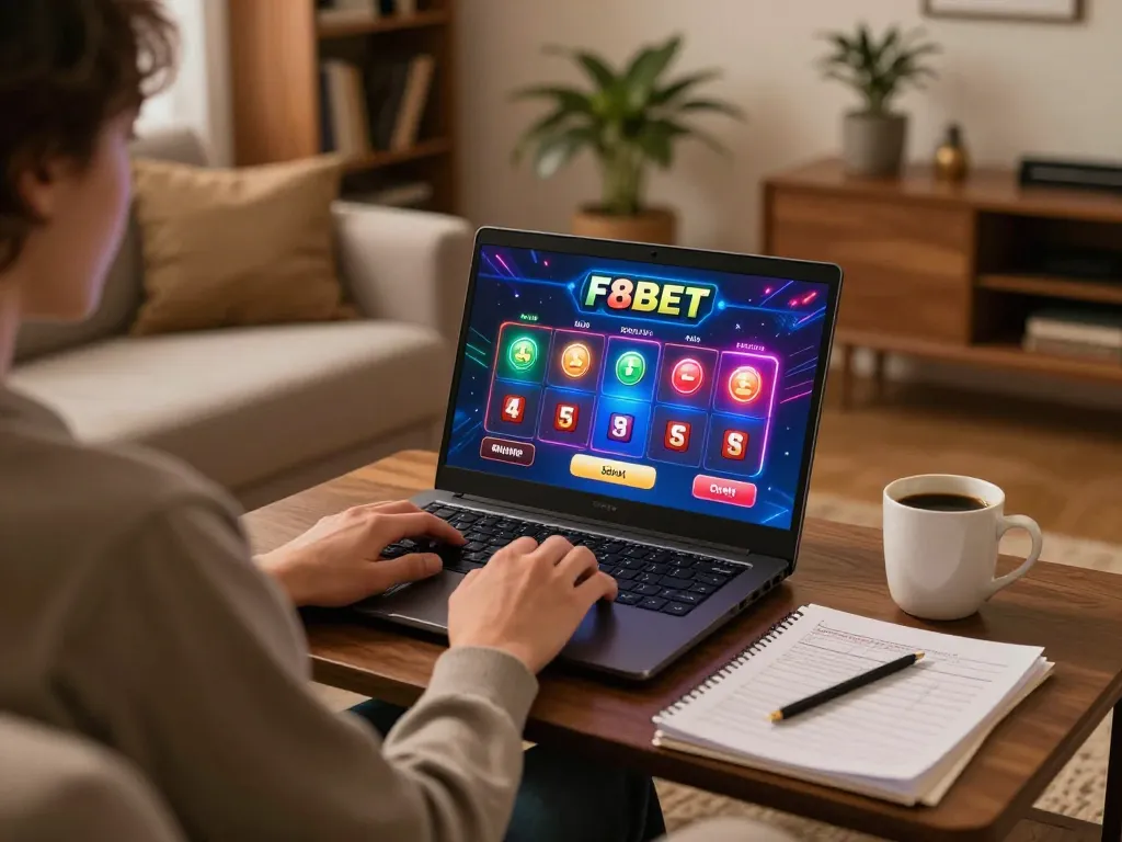 Player engages with F8BET poker app on laptop, showcasing a cozy home gaming atmosphere.