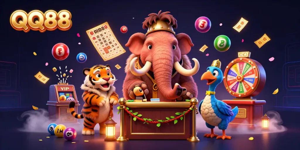 Experience thriving action at QQ88 with characters navigating enchanting lottery elements in a casino scene.