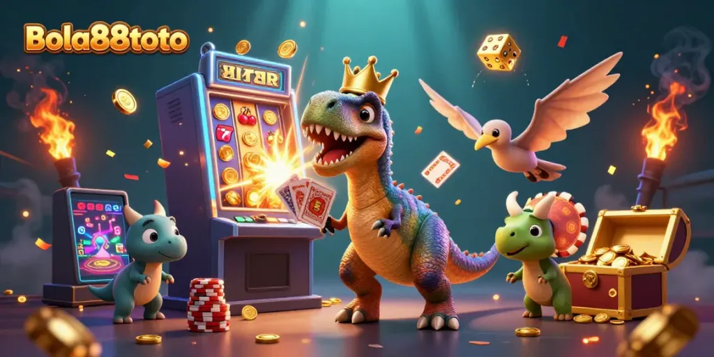 Experience the thrill of casino games with Bola88toto as a cartoon dinosaur explores exciting online features.