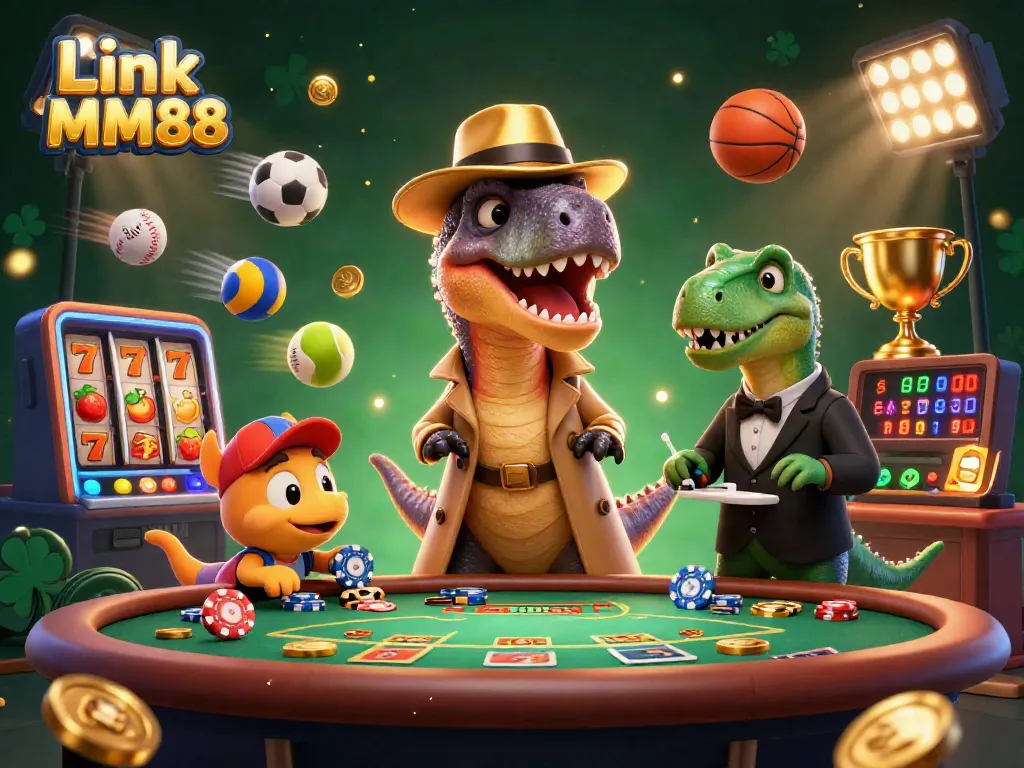 Link MM88 showcases a cartoon velociraptor card counter and stegosaurus boss amidst vibrant casino elements.