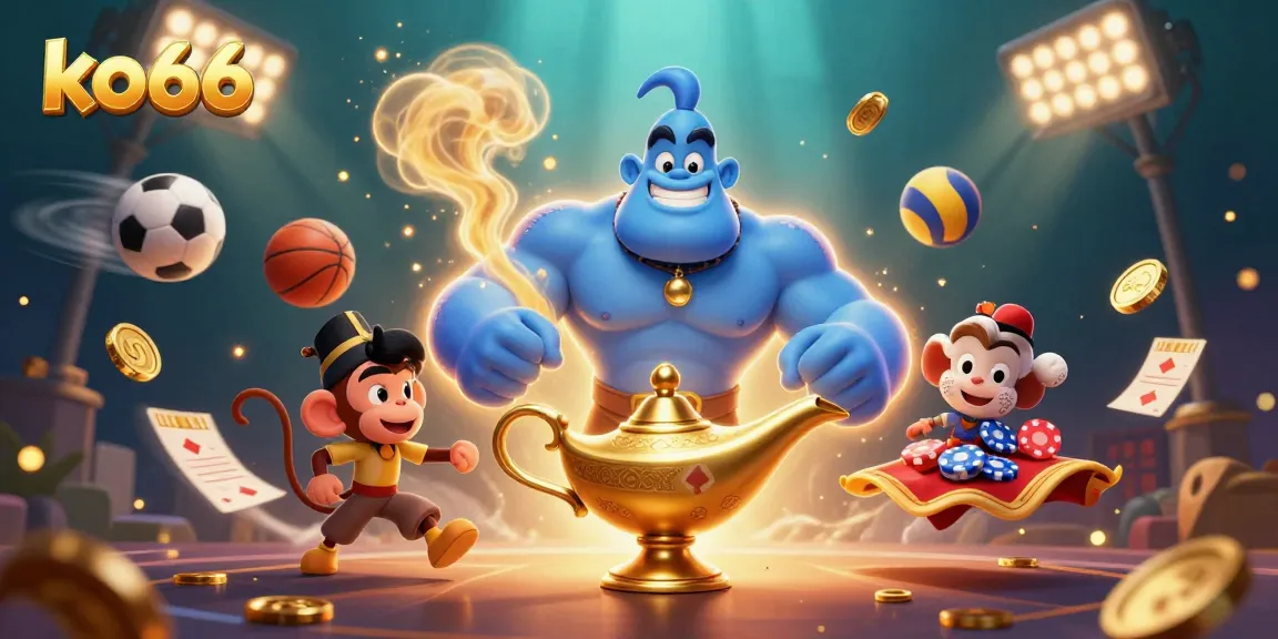Experience thrilling action with ko66 featuring a vibrant casino scene of a genie, sports elements, and a magic carpet.
