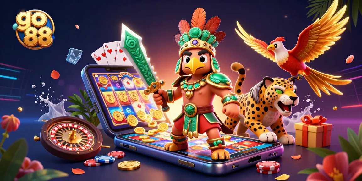 Join the excitement at go 88 with spinning slots, animated warriors, and vibrant casino elements.